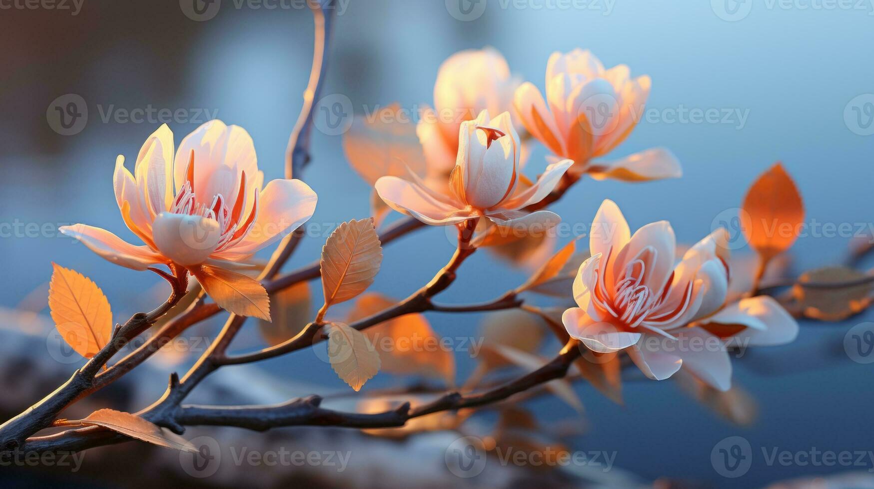 flowers on a branch by a body of water generative ai photo
