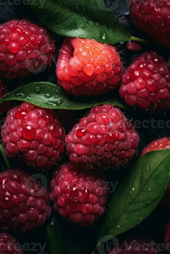 fresh raspberries with green leaves on a black background generative ai photo