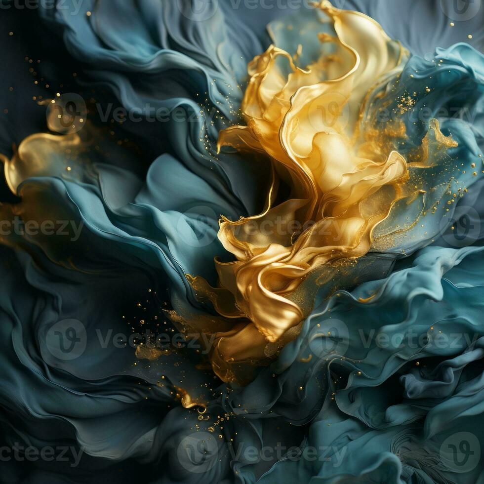 gold and blue liquid flowing over a black background generative ai photo