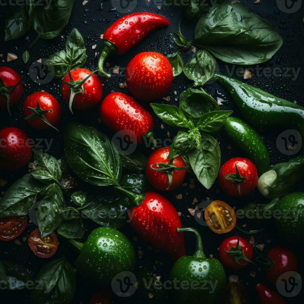 fresh tomatoes peppers and basil on a black background generative ai photo