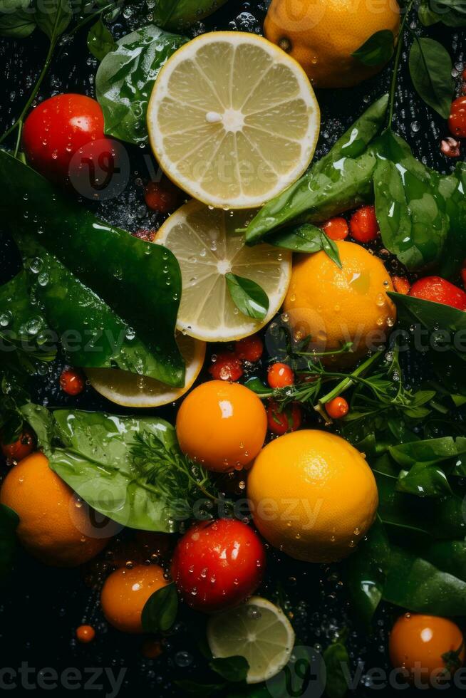 fresh lemons tomatoes and herbs on a black background generative ai photo