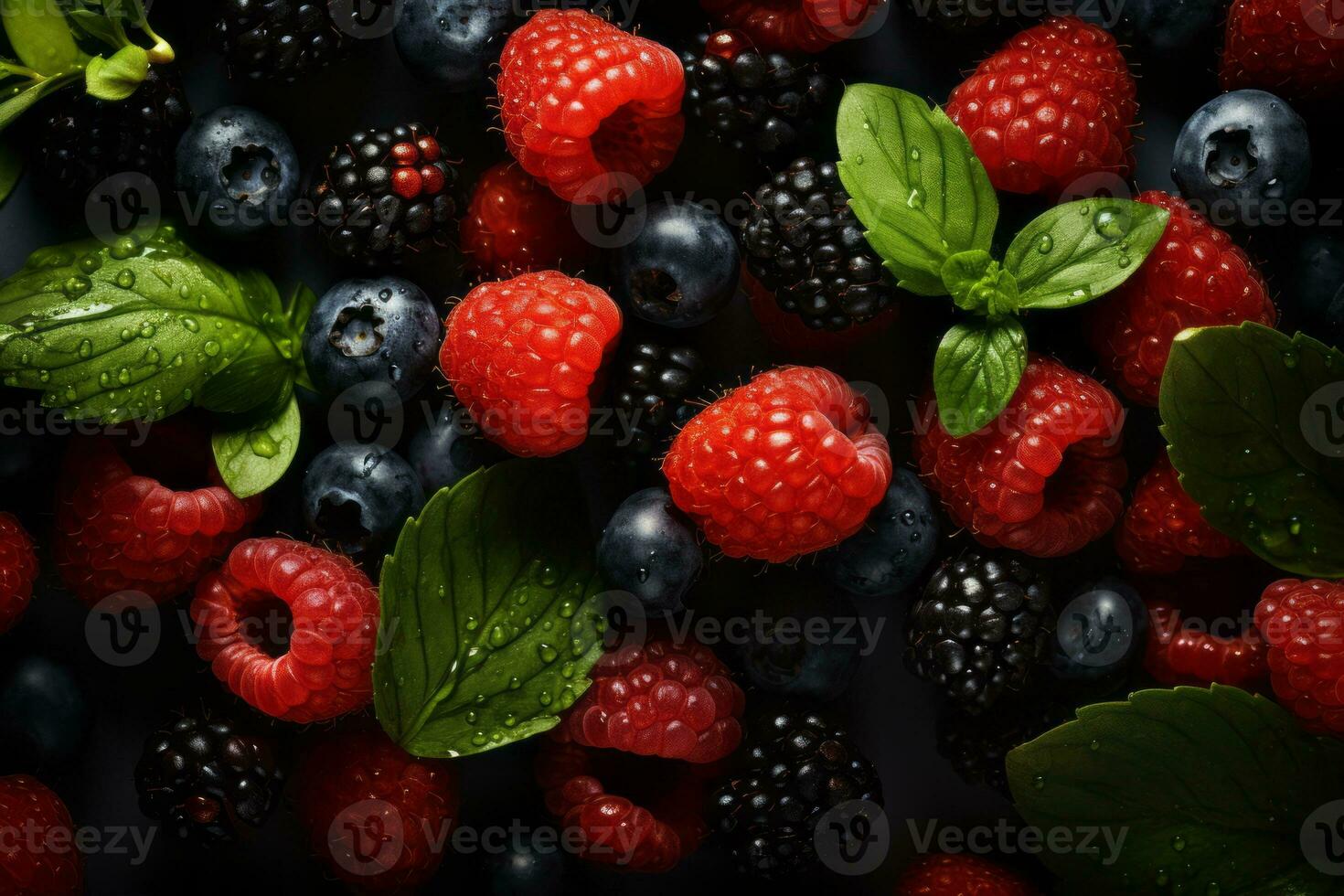 fresh raspberries blackberries and blueberries on a black background generative ai photo