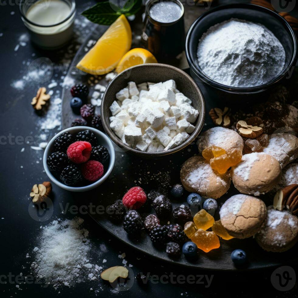 ingredients for homemade cookies on a dark table top view copy space banco de imagens generative ai photo