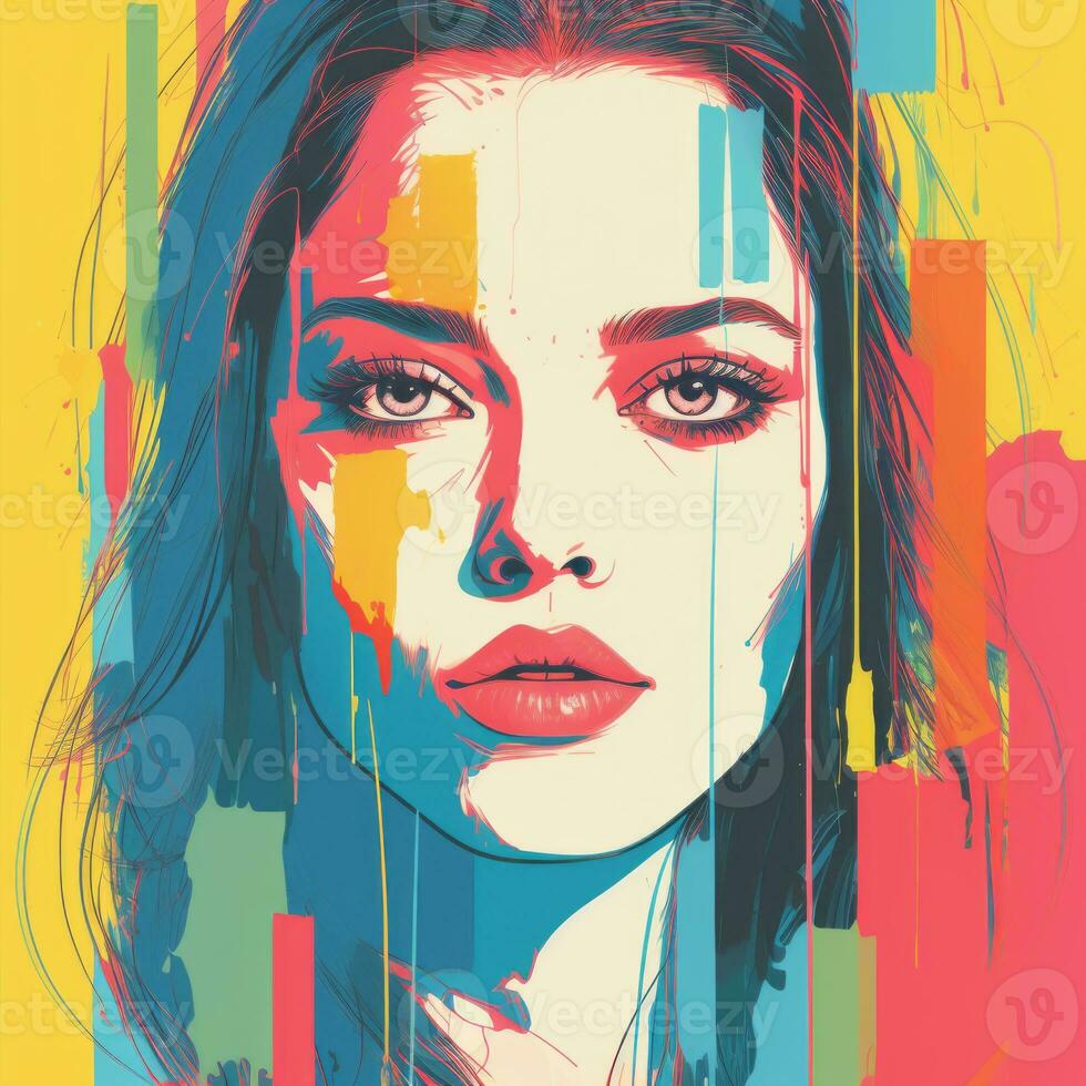 pop art portrait of a beautiful woman with colorful paint splatters on her face generative ai photo