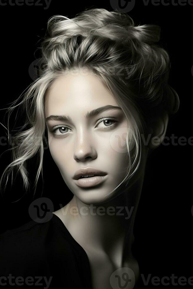 portrait of a beautiful blonde woman with wavy hair on a black background generative ai photo