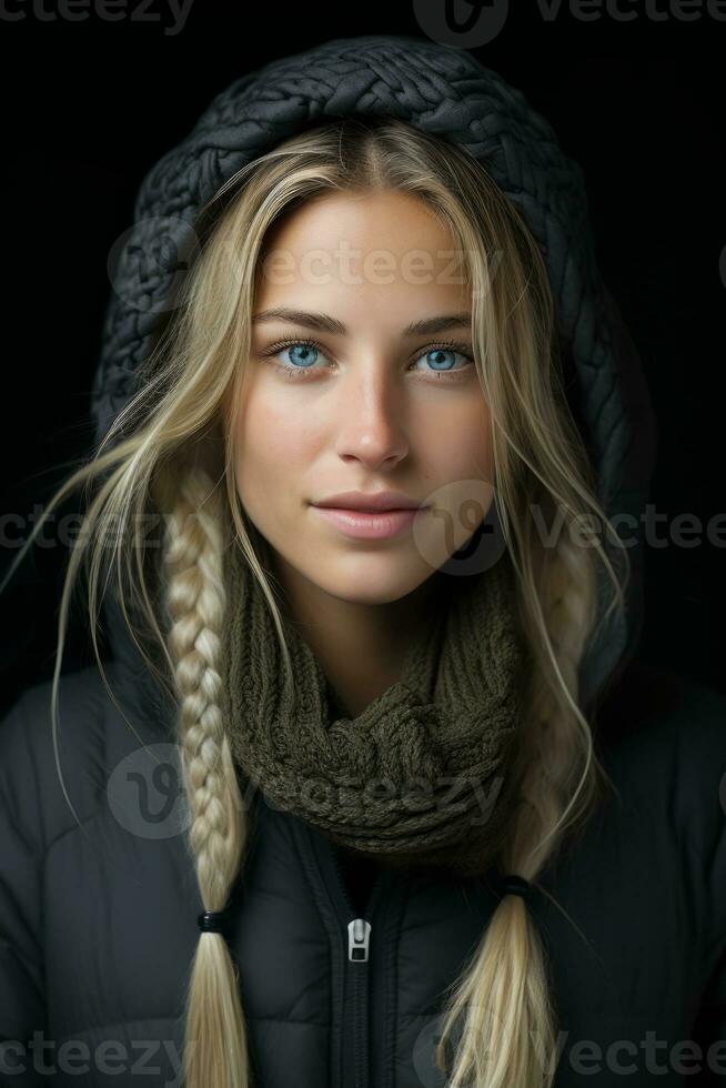 portrait of a beautiful blonde woman in winter clothes isolated on black background generative ai photo