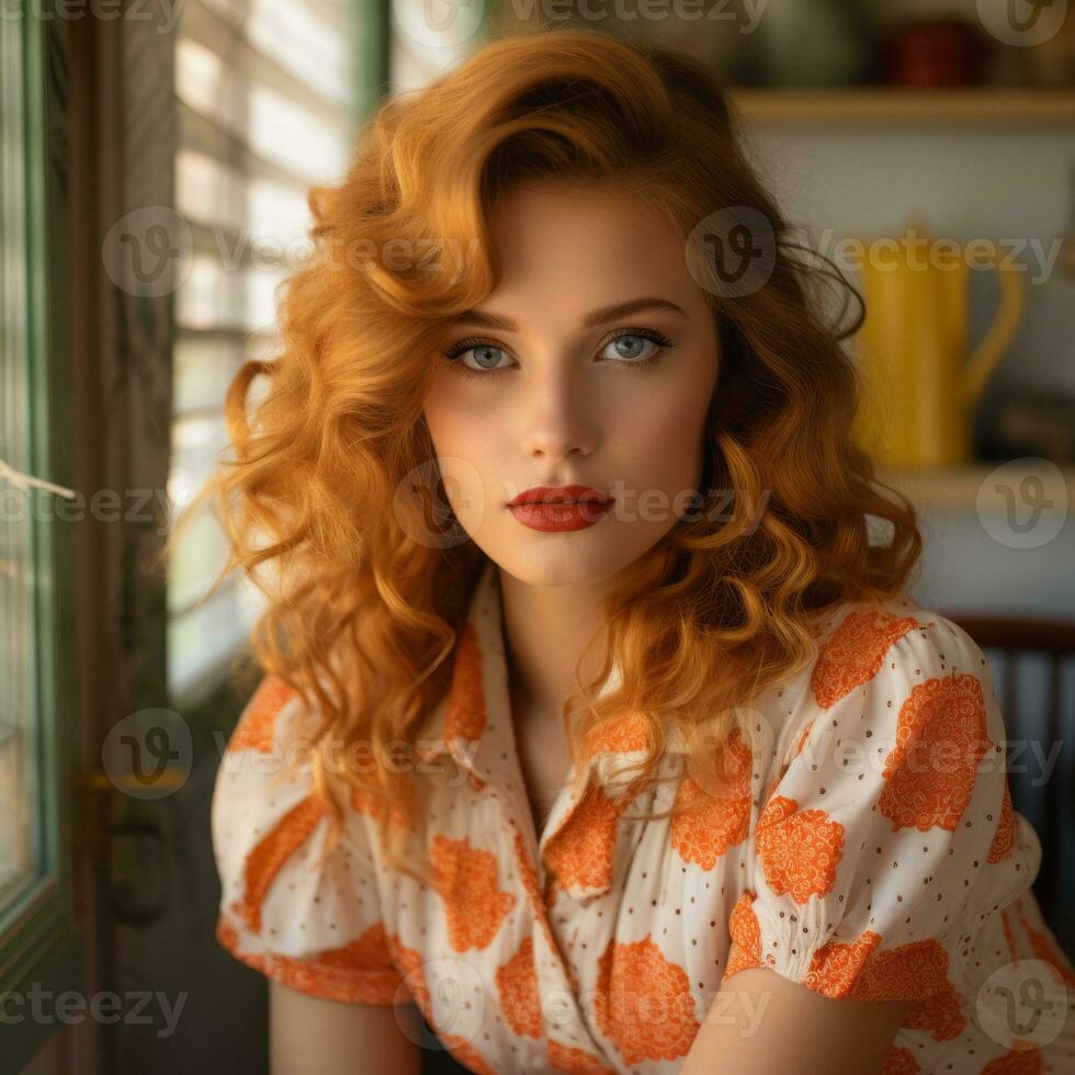 portrait of a beautiful redhead woman in a floral dress looking at the camera generative ai photo