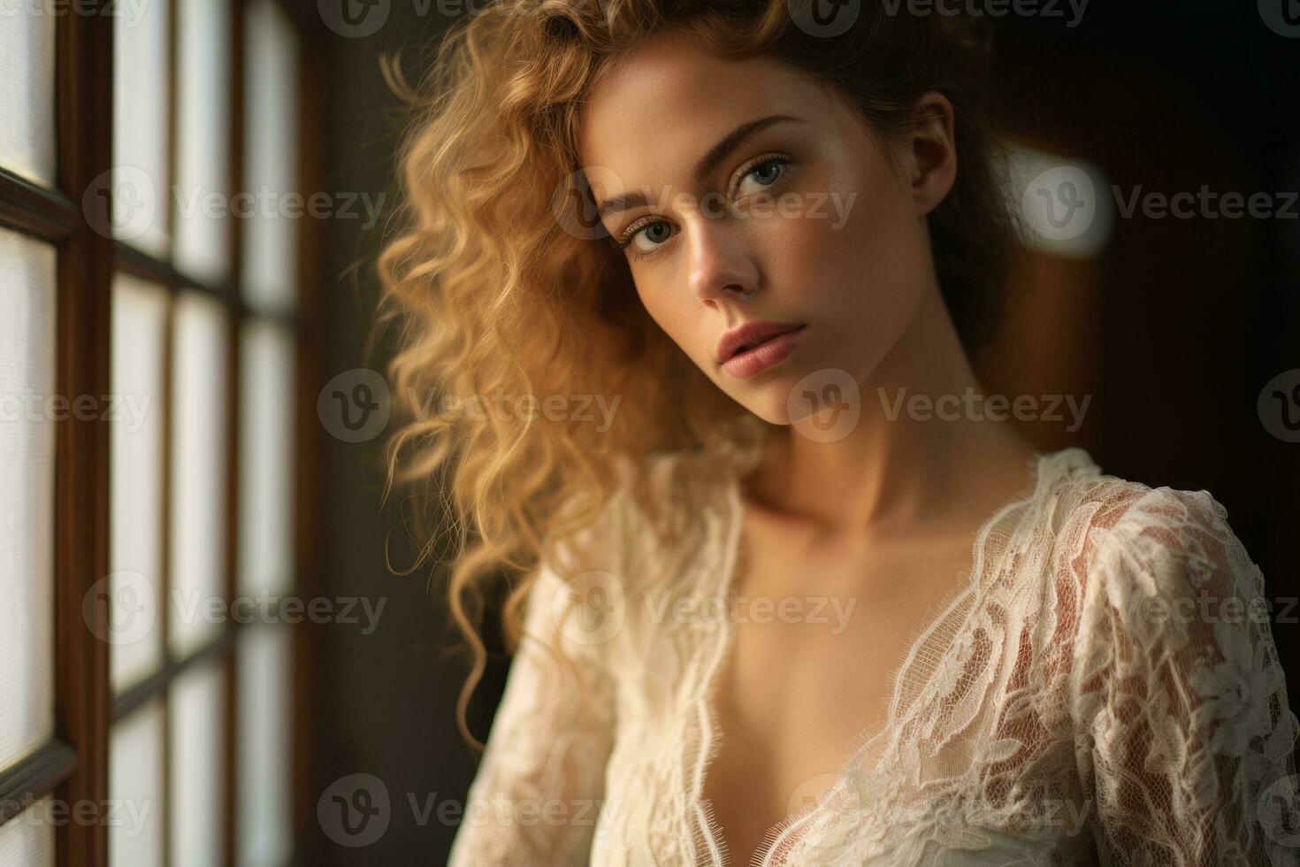 portrait of a beautiful young woman with curly hair in front of a window generative ai photo