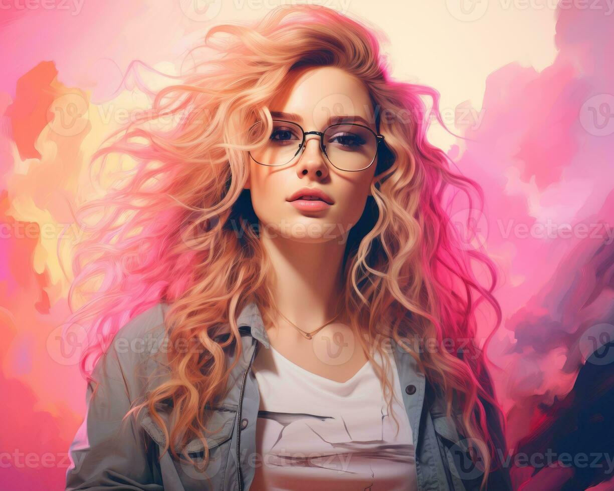portrait of a beautiful young woman with glasses and pink hair generative ai photo