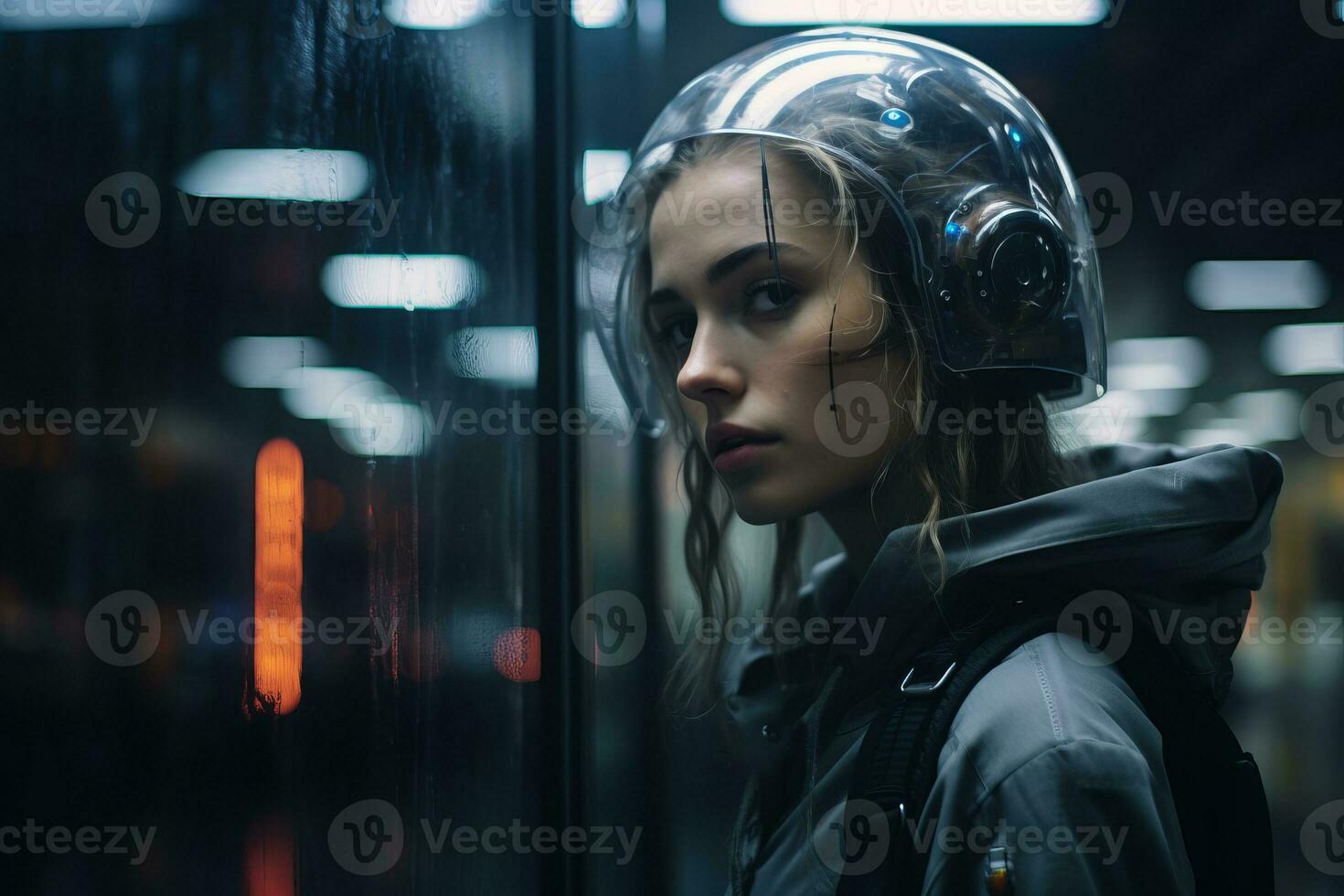 retrato de un joven mujer vistiendo un casco en un subterraneo estación a noche generativo ai foto