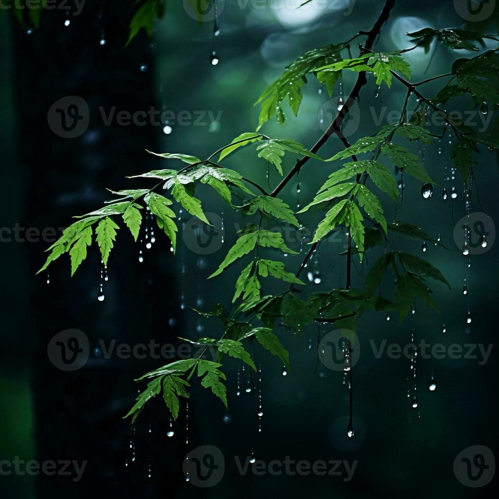raindrops on a tree branch in the dark generative ai photo