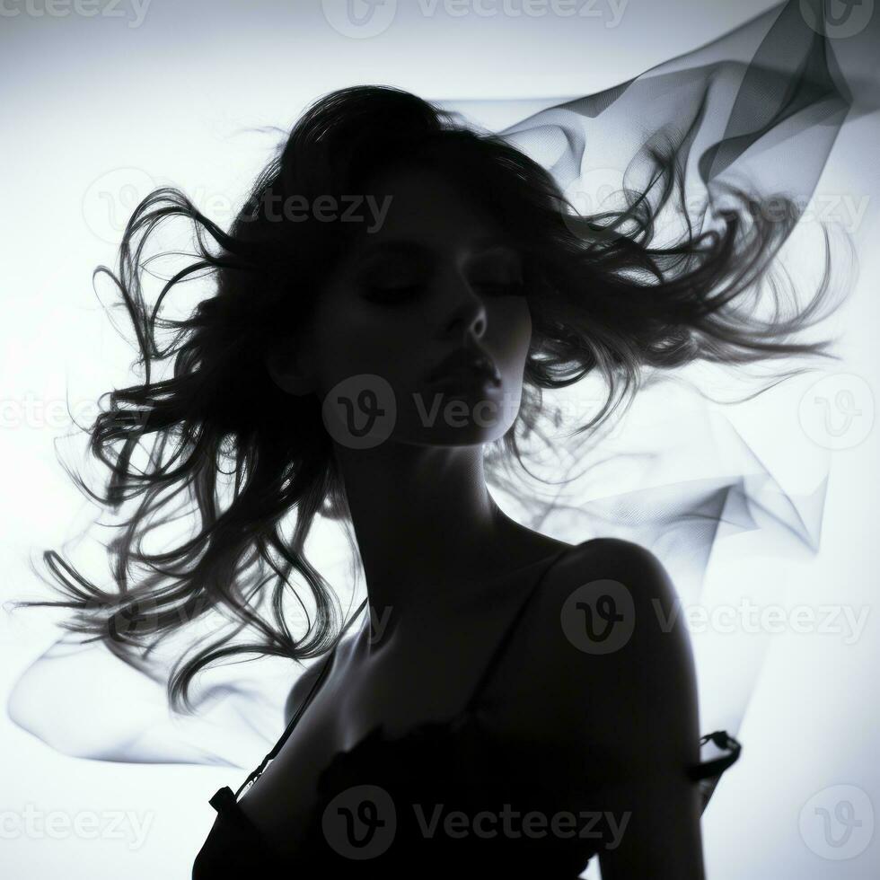 silhouette of a beautiful woman with her hair blowing in the wind generative ai photo