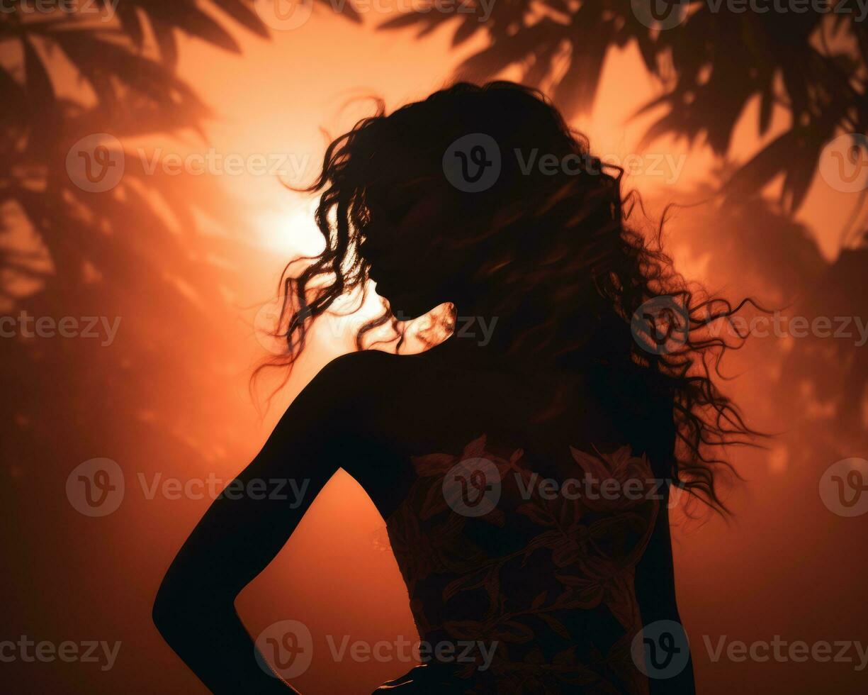 silhouette of a beautiful woman standing in front of the sun generative ai photo