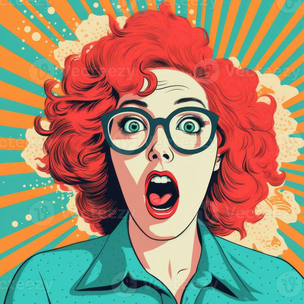 surprised woman with glasses and red hair in pop art style generative ai photo
