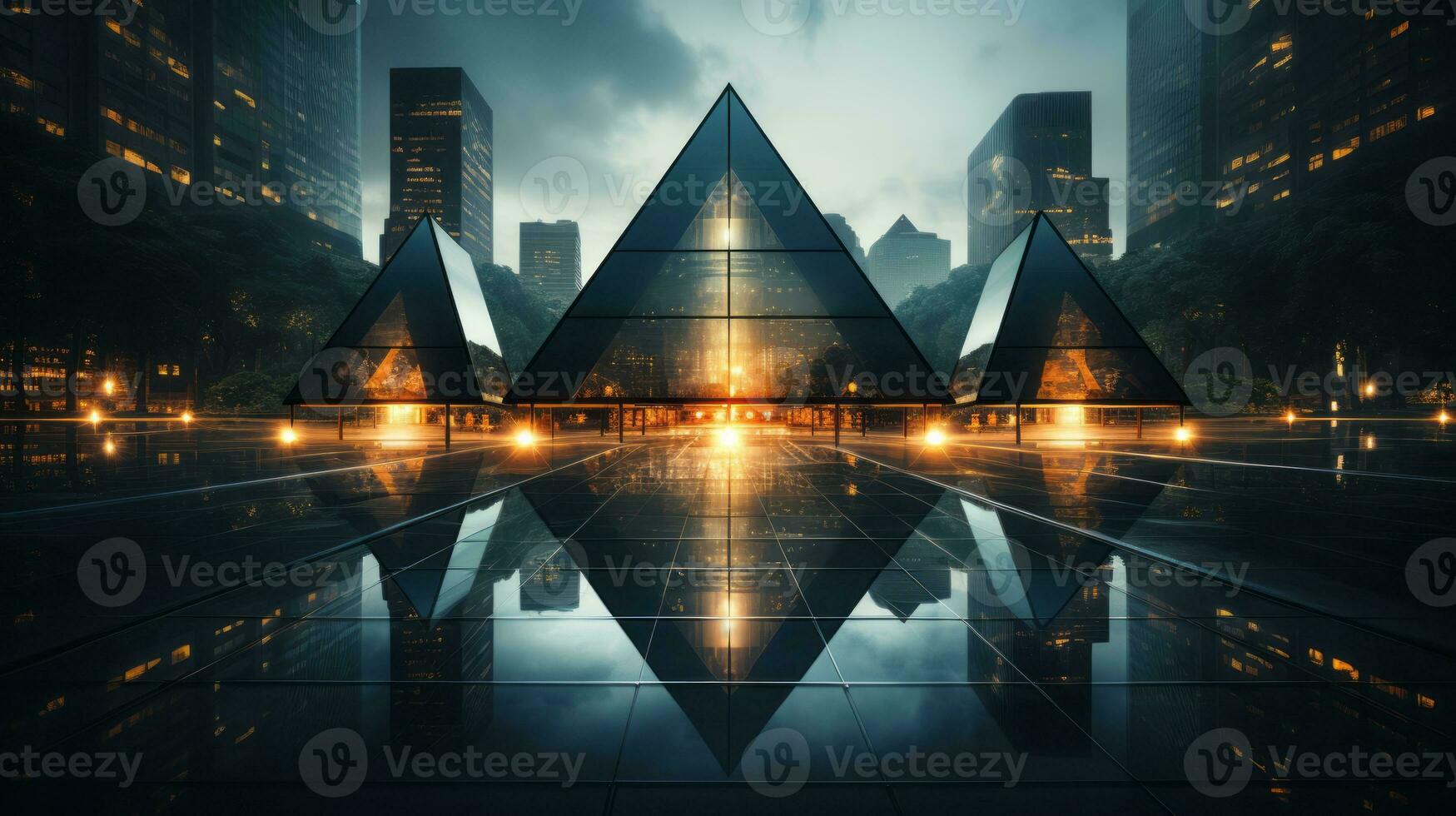 the city is lit up at night and there are three triangular shaped buildings in the background generative ai photo