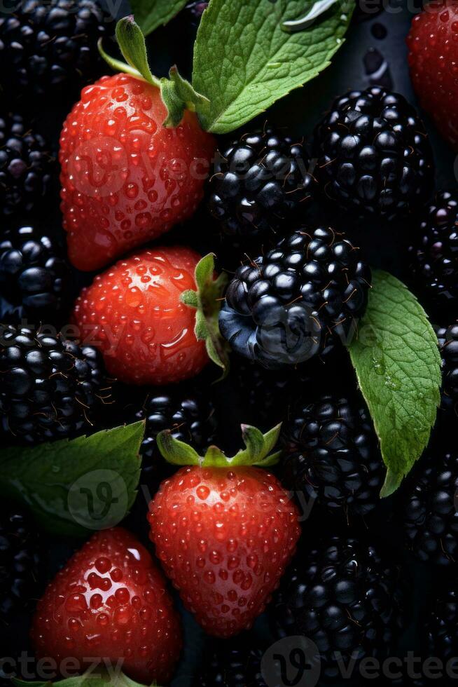 strawberries blackberries and raspberries on a dark surface generative ai photo