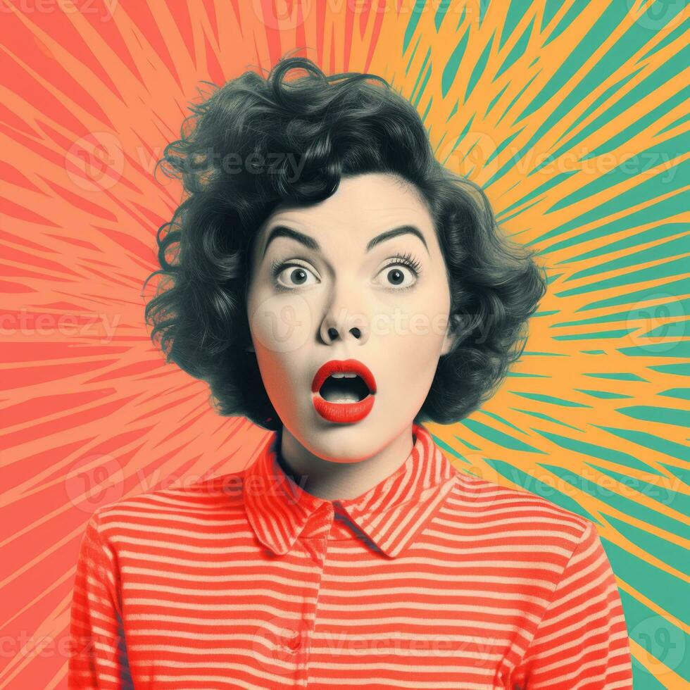 surprised woman with open mouth on colorful background generative ai photo