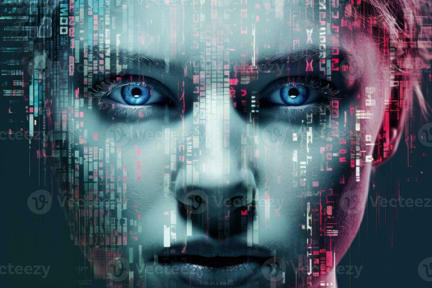 the face of a woman with blue eyes in front of a computer screen generative ai photo