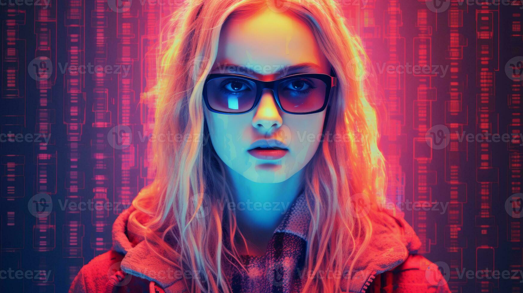 the girl in the red jacket and glasses is staring into the camera generative ai photo