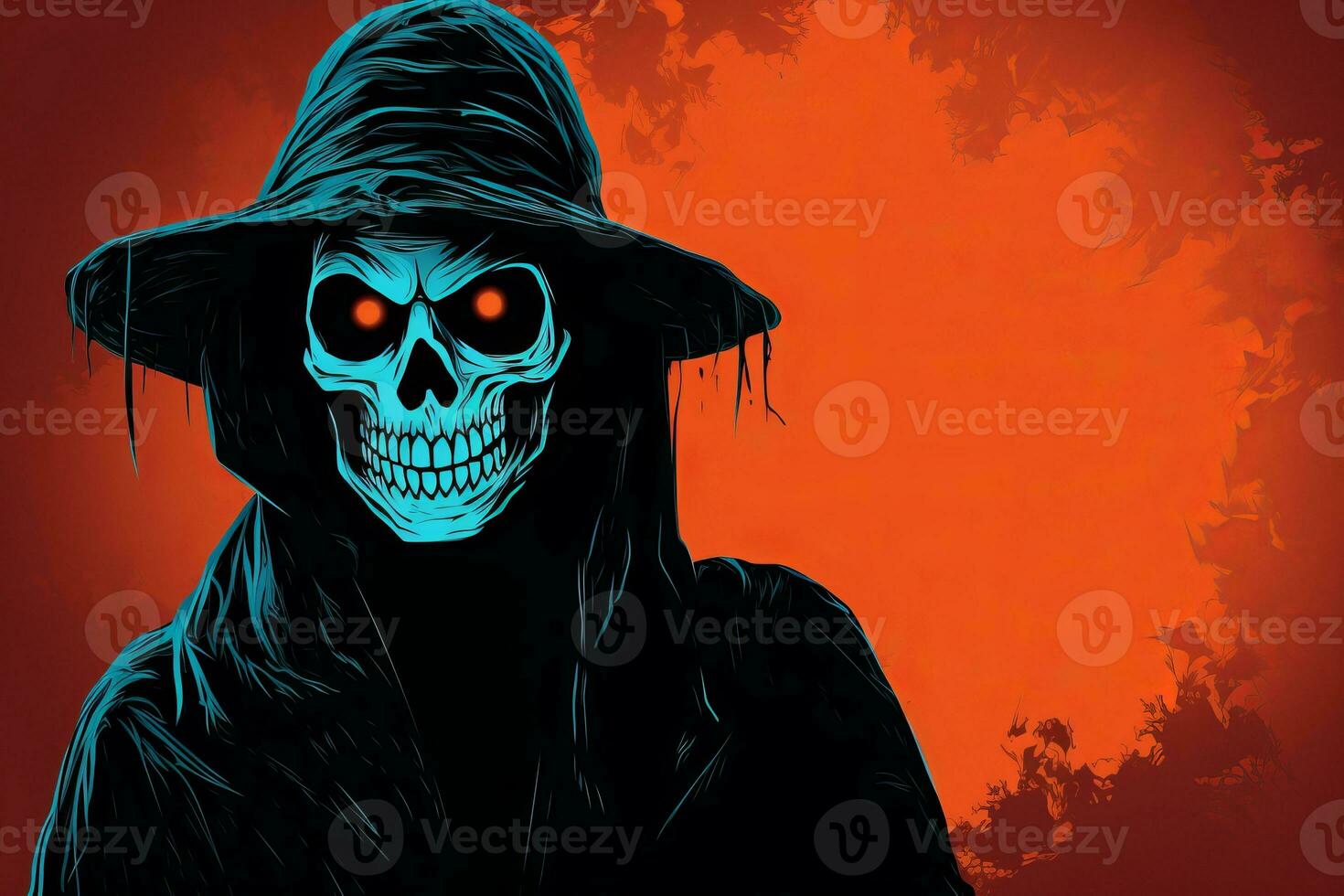 the grim reaper with glowing eyes on a red background generative ai photo