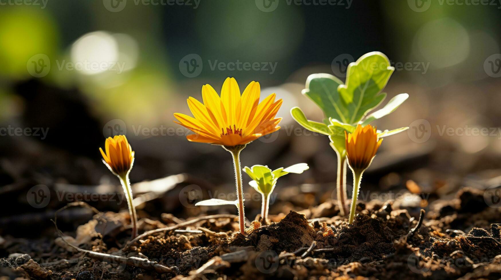 three small orange flowers growing out of the ground generative ai photo
