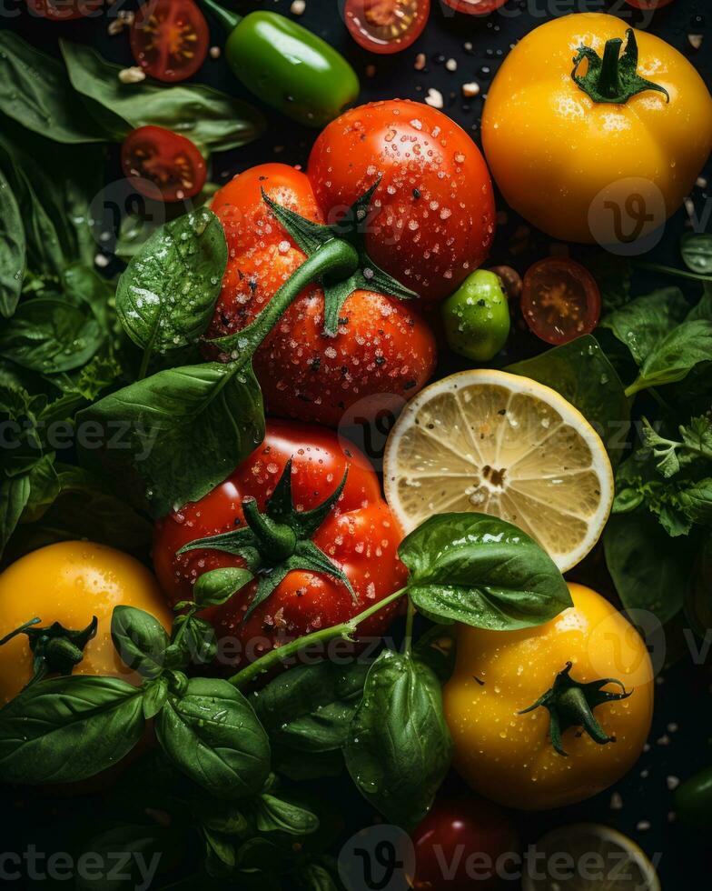 tomatoes basil and lemons on a black background generative ai photo