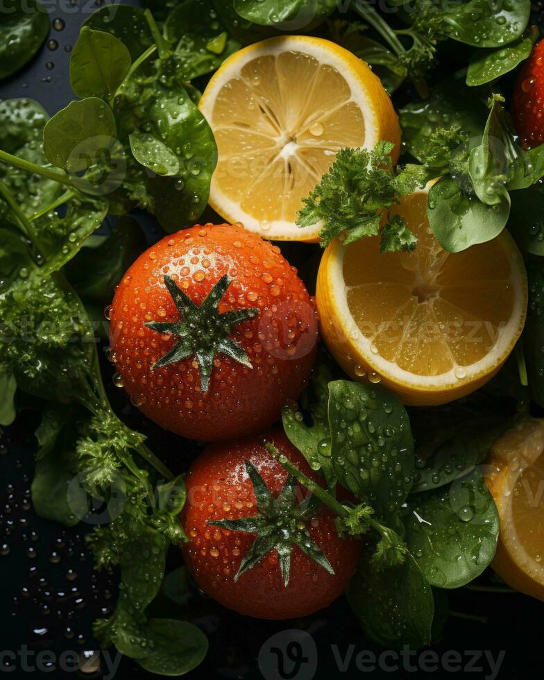 tomatoes lemons and spinach on a black background generative ai photo
