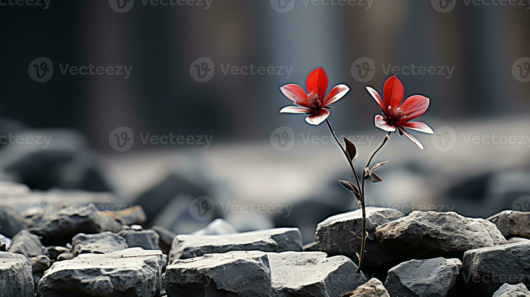 two red flowers growing out of rocks generative ai photo