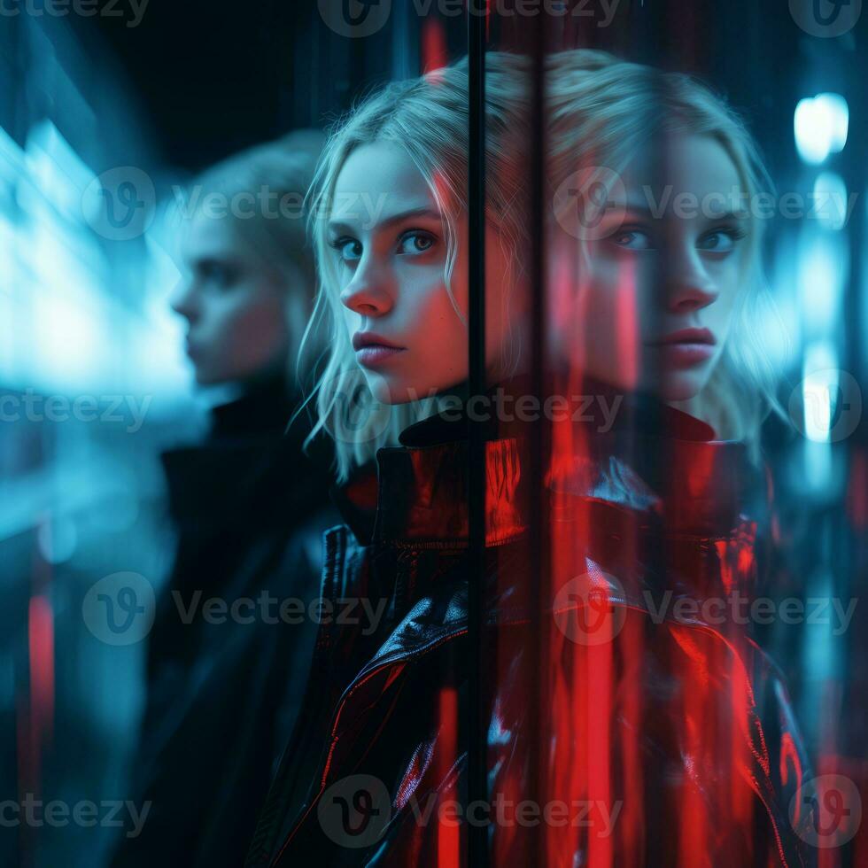 two women in black and red clothing standing in front of a mirror generative ai photo