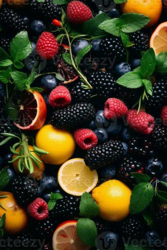 various fruits and berries are arranged on a black background generative ai photo