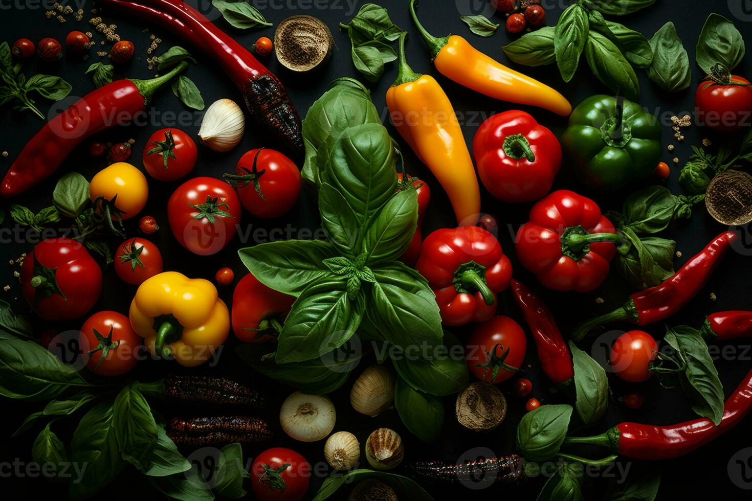 various types of peppers tomatoes and basil on a black background generative ai photo