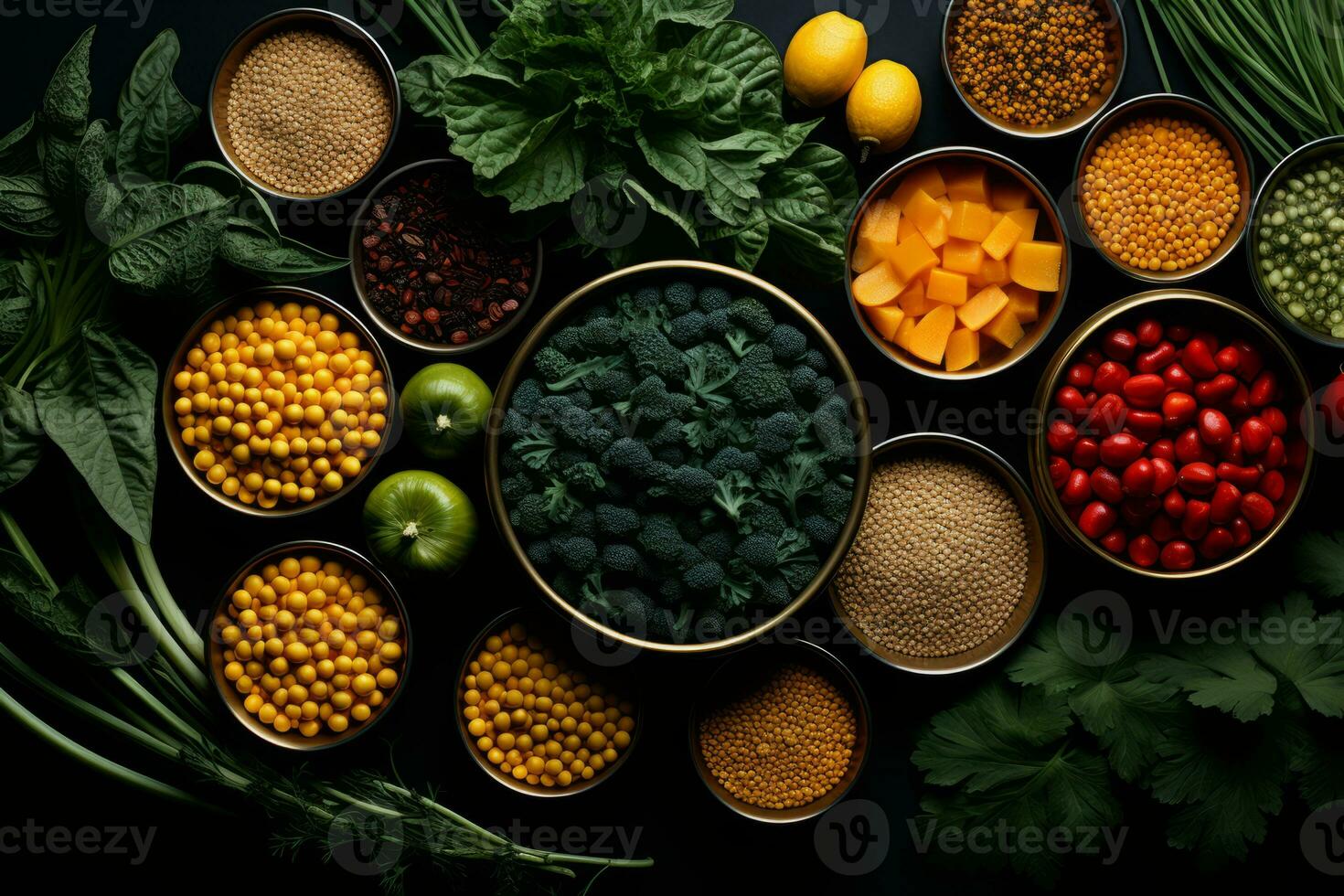 various types of vegetables and herbs in bowls on a black background generative ai photo