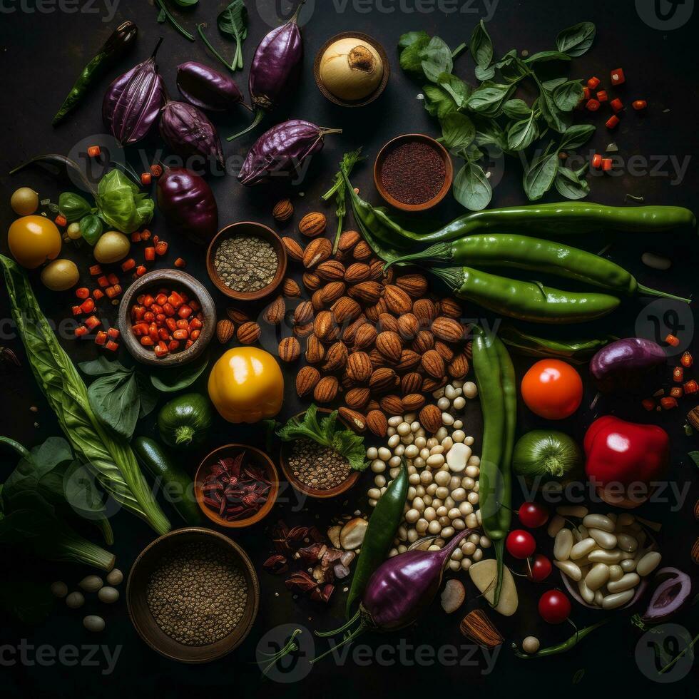 various vegetables and fruits on a black background generative ai photo