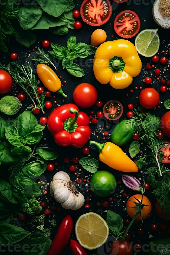 various vegetables and fruits on a black background generative ai photo