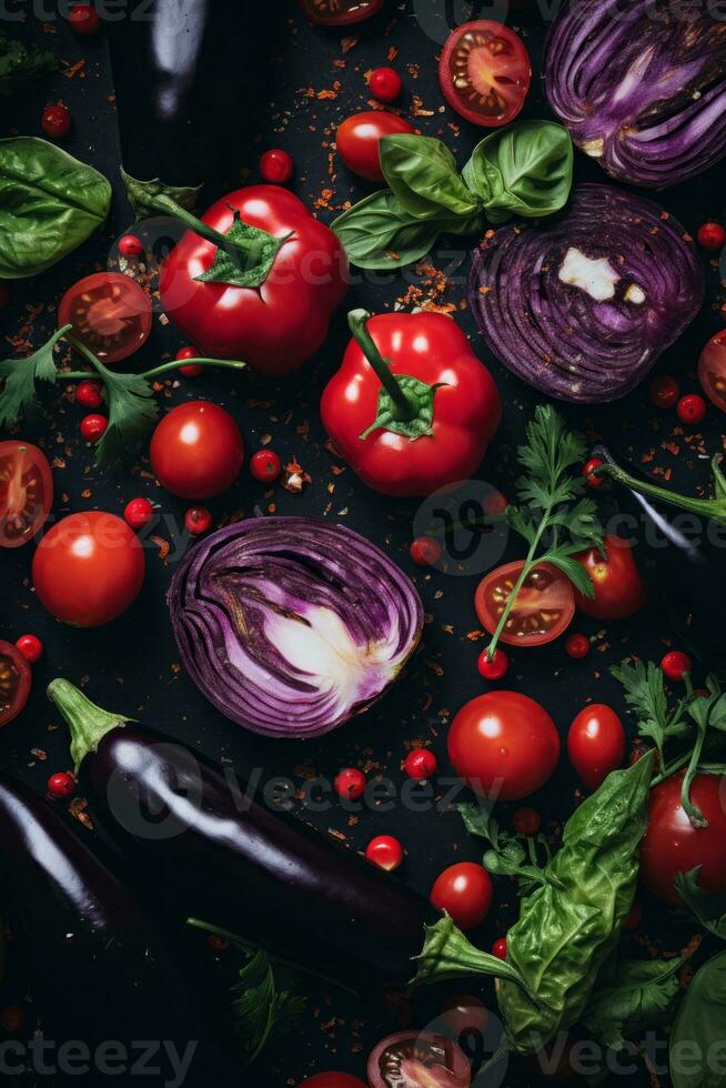 various types of vegetables are laid out on a black background generative ai photo
