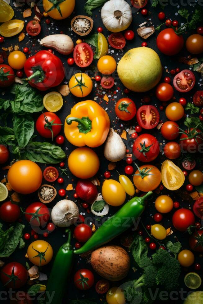 various vegetables and fruits on a black background generative ai photo