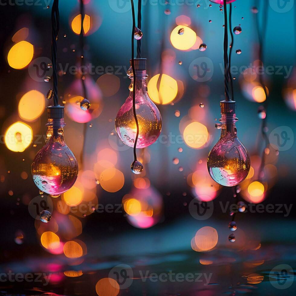 water droplets hang from a string of light bulbs generative ai photo
