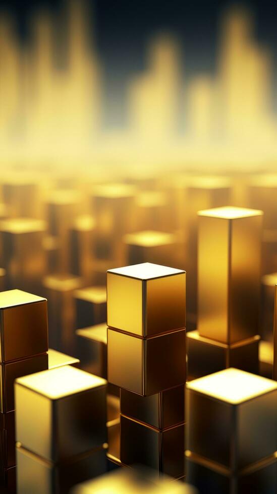 3d rendering of gold cubes in front of a cityscape generative ai photo
