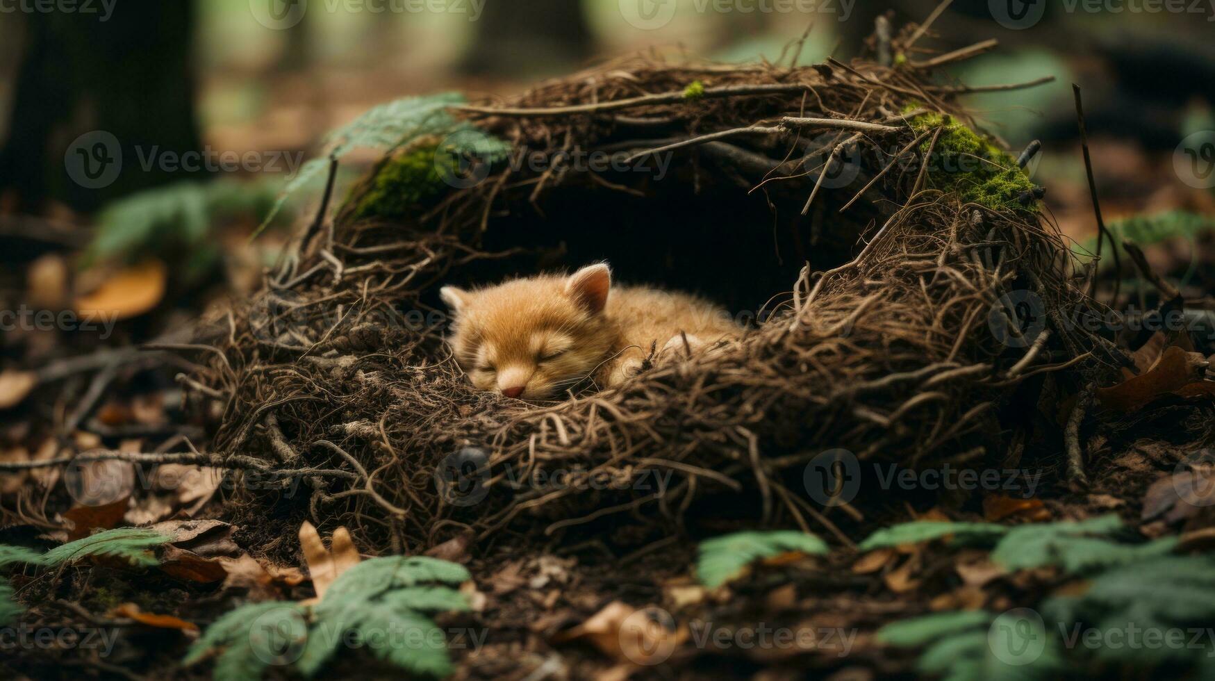 a baby fox sleeping in a nest in the woods generative ai photo