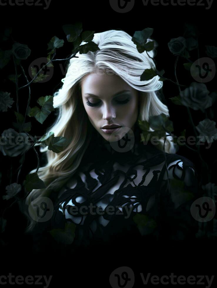 a beautiful blonde woman in a black dress surrounded by roses generative ai photo