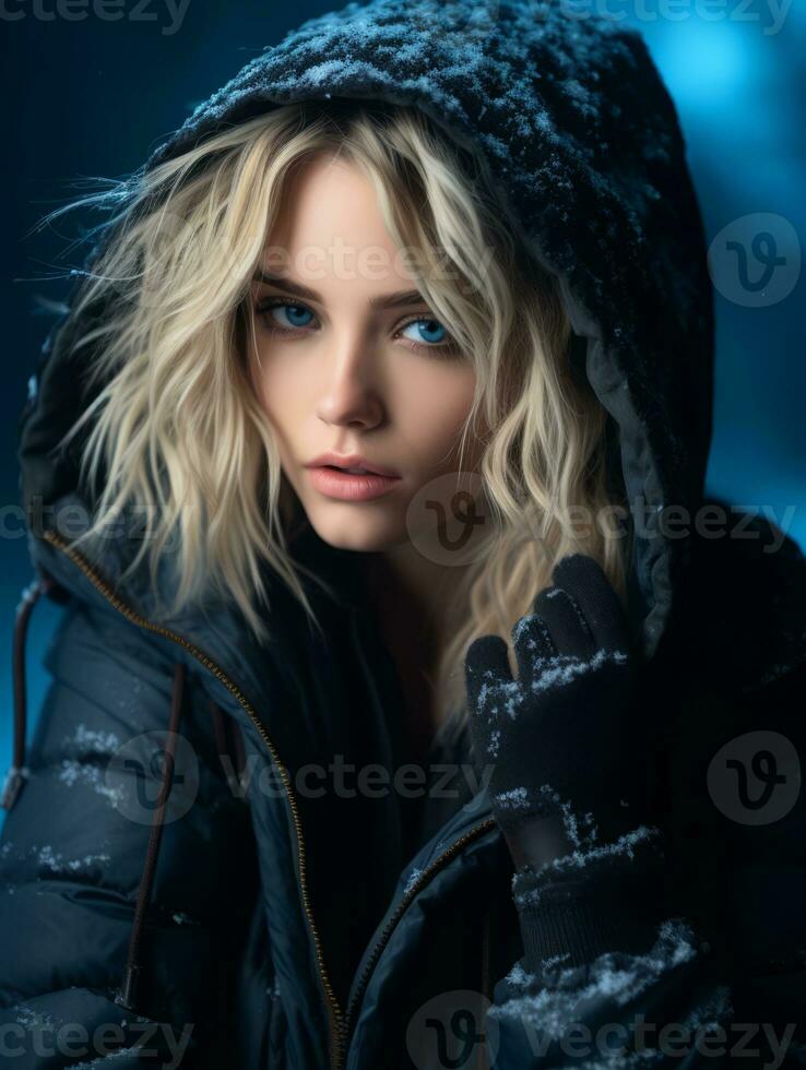 a beautiful blonde woman in a black jacket and gloves generative ai photo