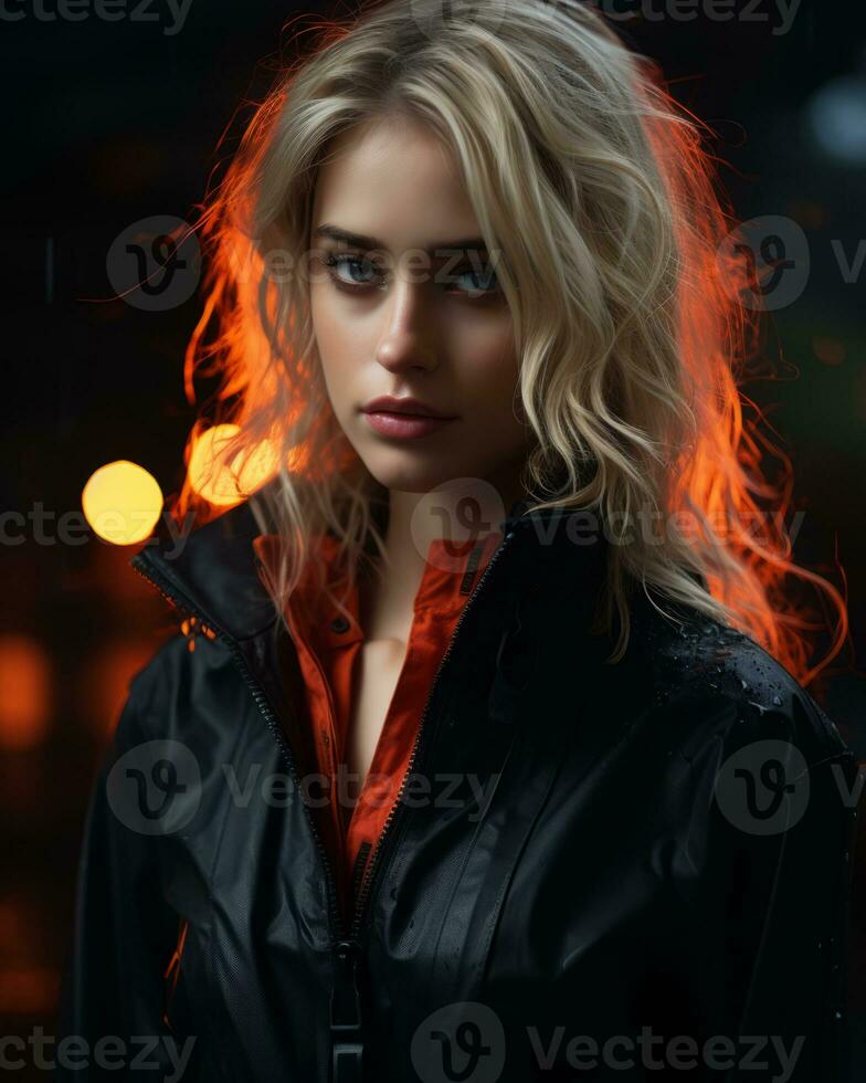 a beautiful blonde woman in a black jacket generative ai photo