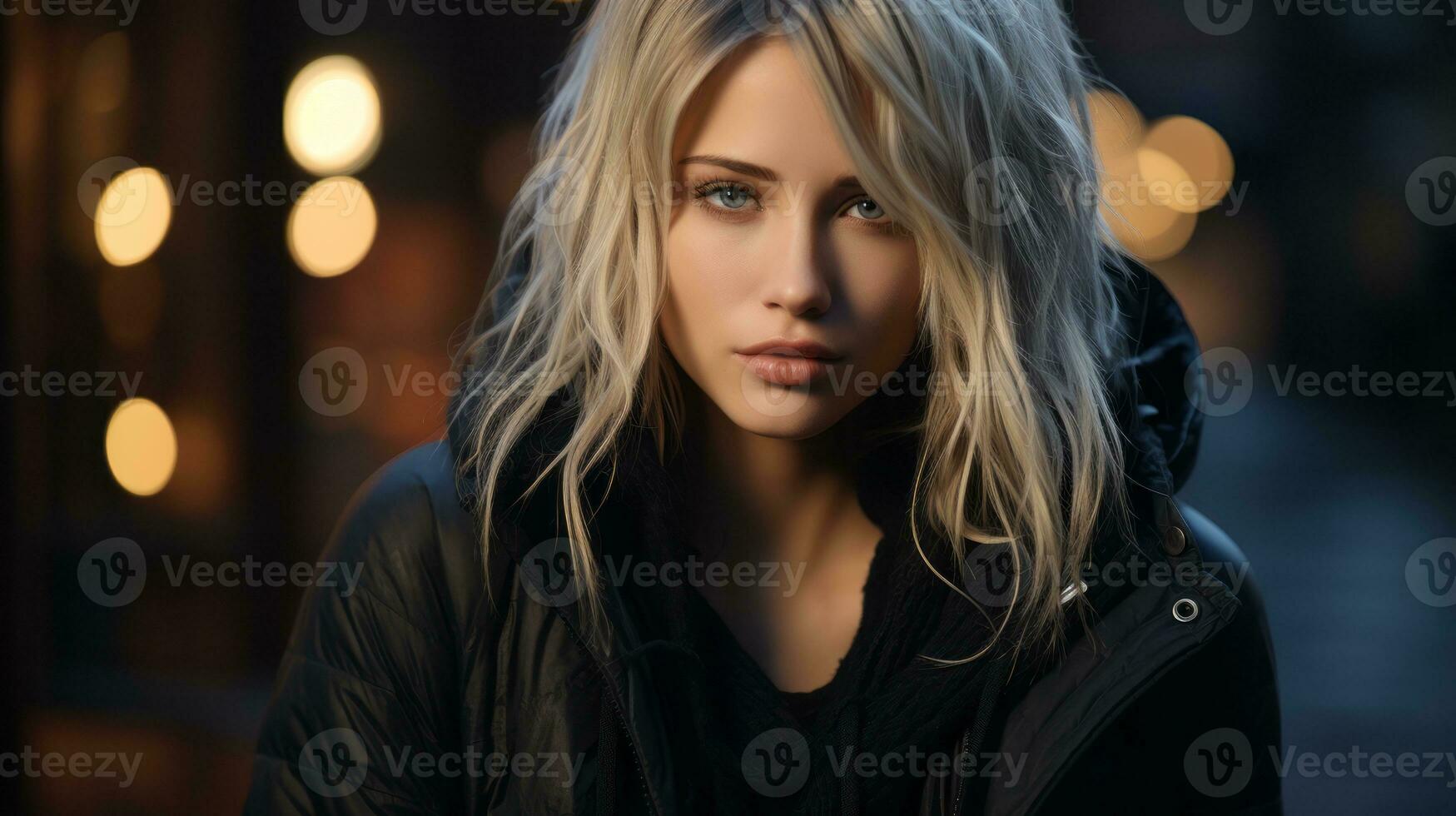 a beautiful blonde woman in a black jacket standing in front of lights generative ai photo