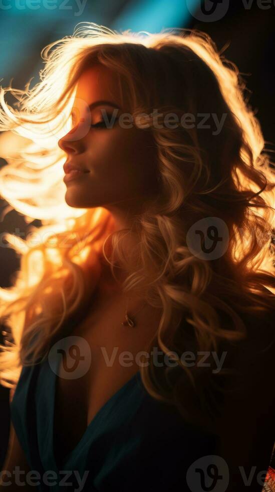 a beautiful blonde woman in a blue dress with her hair blowing in the wind generative ai photo