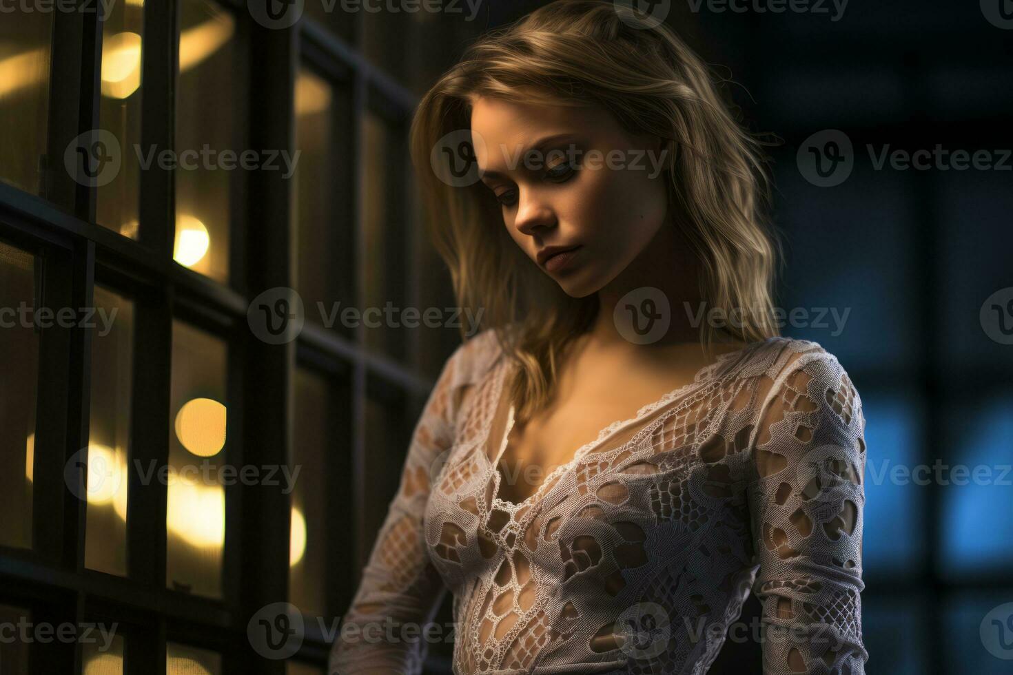 a beautiful blonde woman in a lace dress standing in front of a window generative ai photo