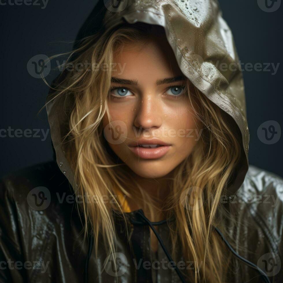 a beautiful blonde woman in a rain jacket generative ai photo