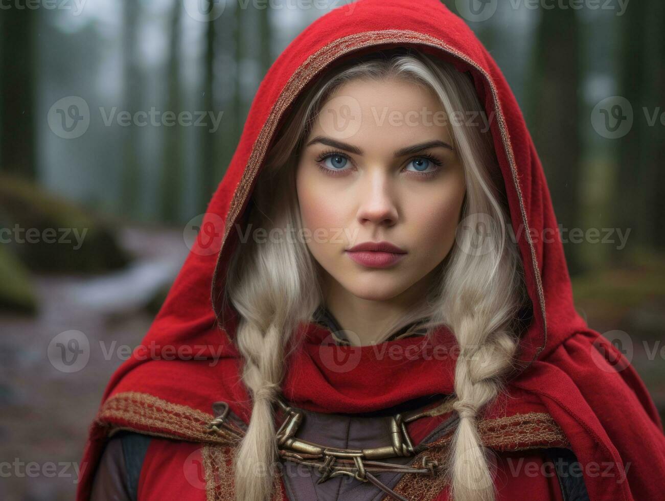 a beautiful blonde woman in a red cloak generative ai photo
