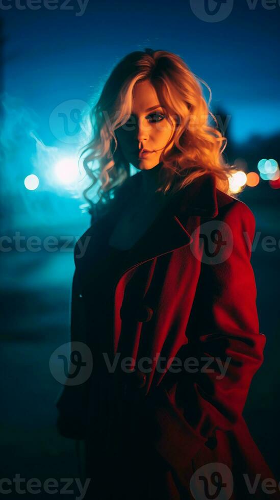 a beautiful blonde woman in a red coat standing on a street at night generative ai photo