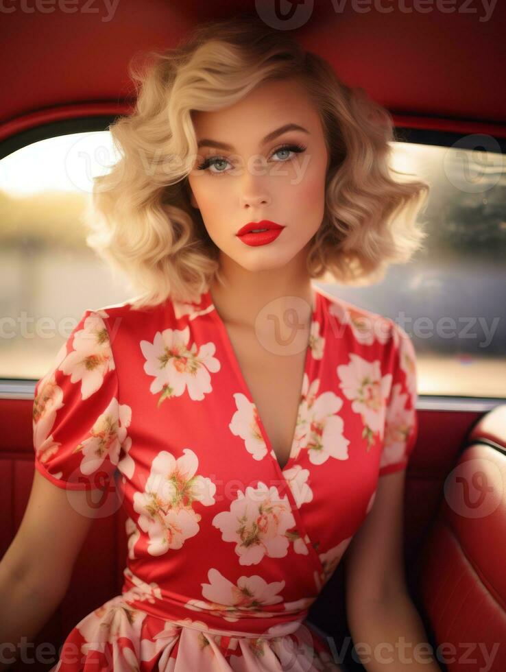 a beautiful blonde woman in a red dress sitting in the back seat of an old car generative ai photo