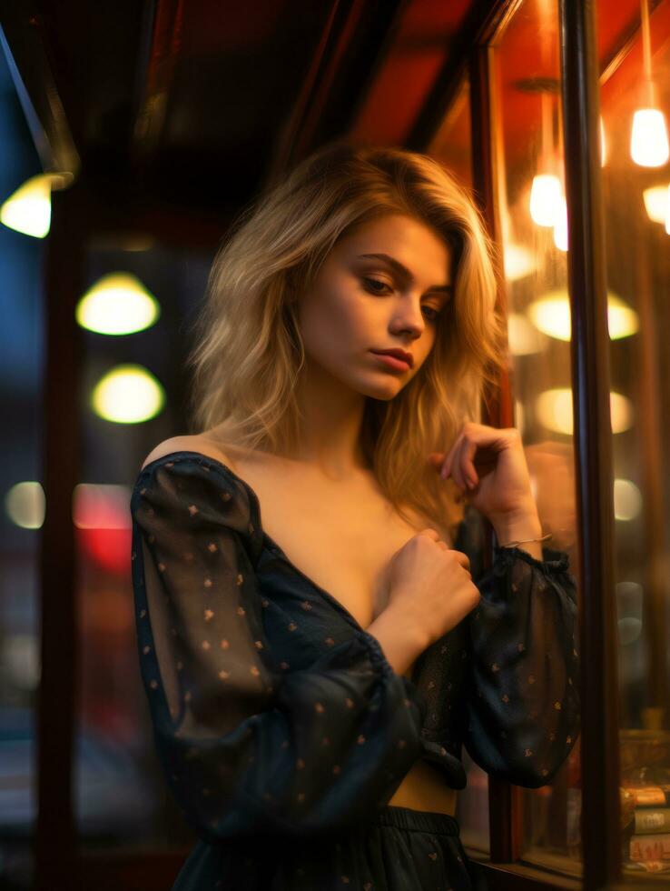 a beautiful blonde woman standing in front of a window at night generative ai photo